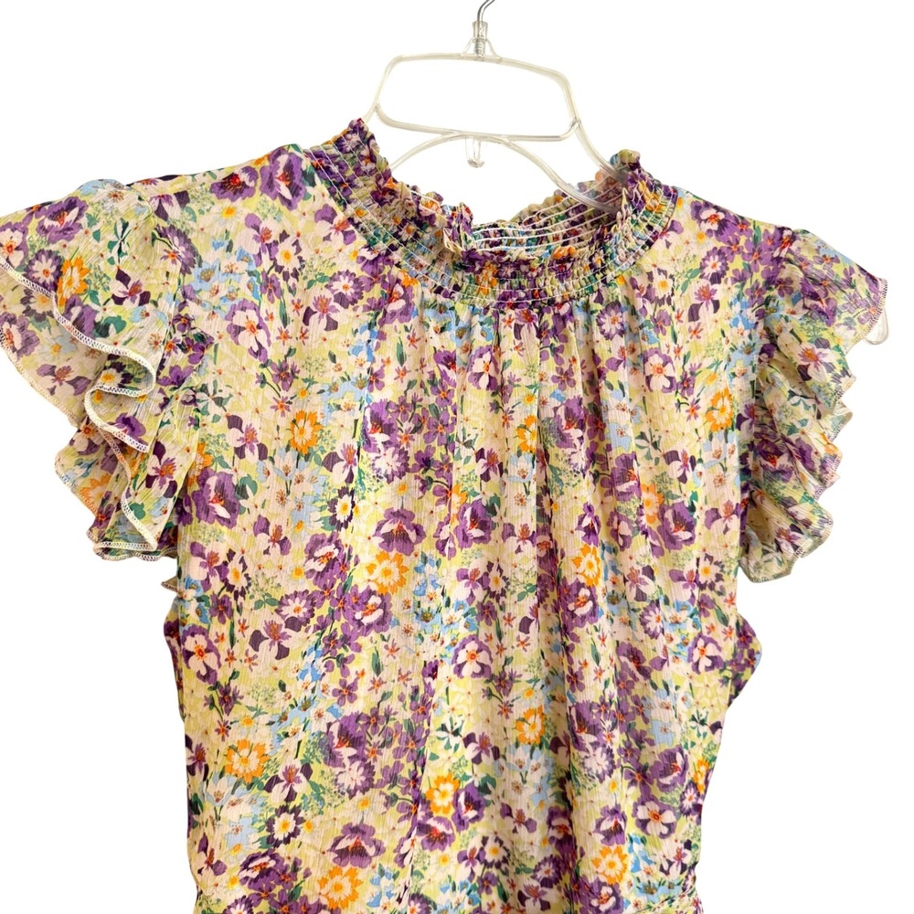 Nina Leonard Floral Smocked High Neck Midi Dress Purple Yellow Ruffle Sleeve XL